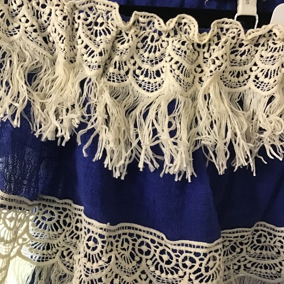 Cobalt Blue Off The Shoulder Dress Beige Fringe - Picture 2 of 5